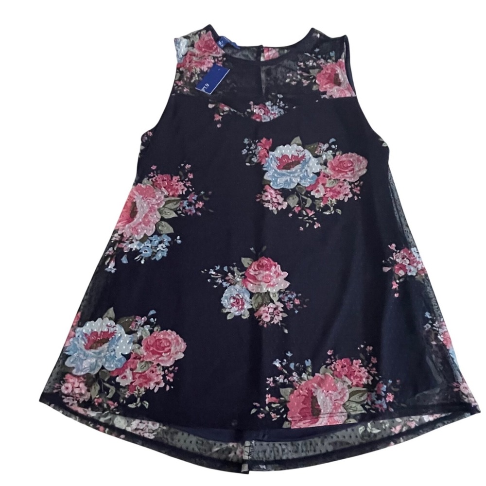 APT 9 Womens Floral Mesh Overlay A Line‎ top Navy Blue Size L new